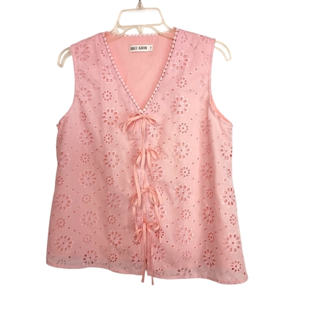 Grace Karin -Pink Eyelet Sleeveless Top - Size Medium